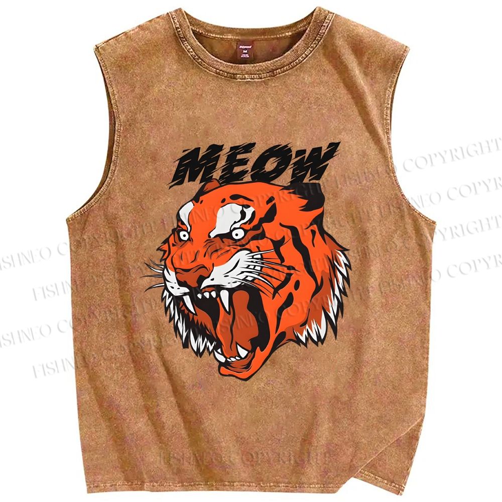 Unisex Meow Tiger Printed Washed Tank Top
