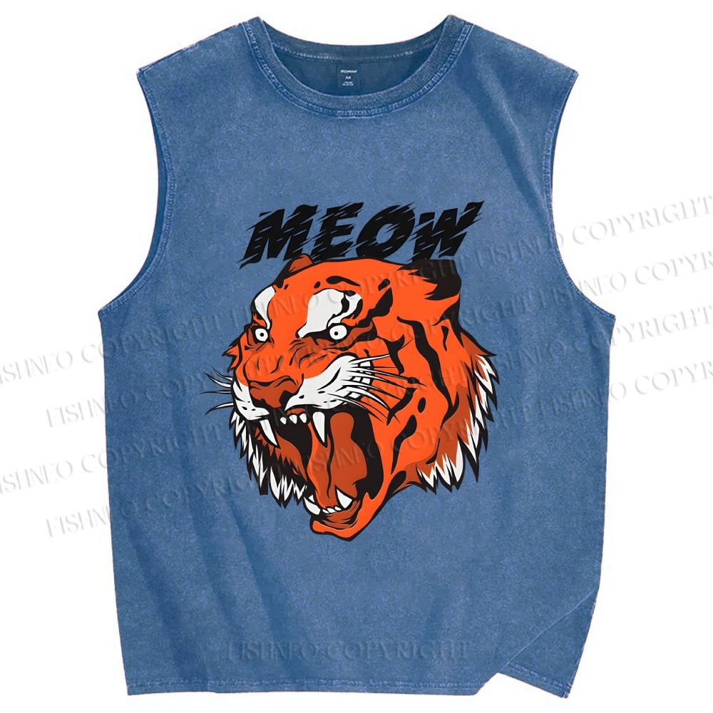 Unisex Meow Tiger Printed Washed Tank Top