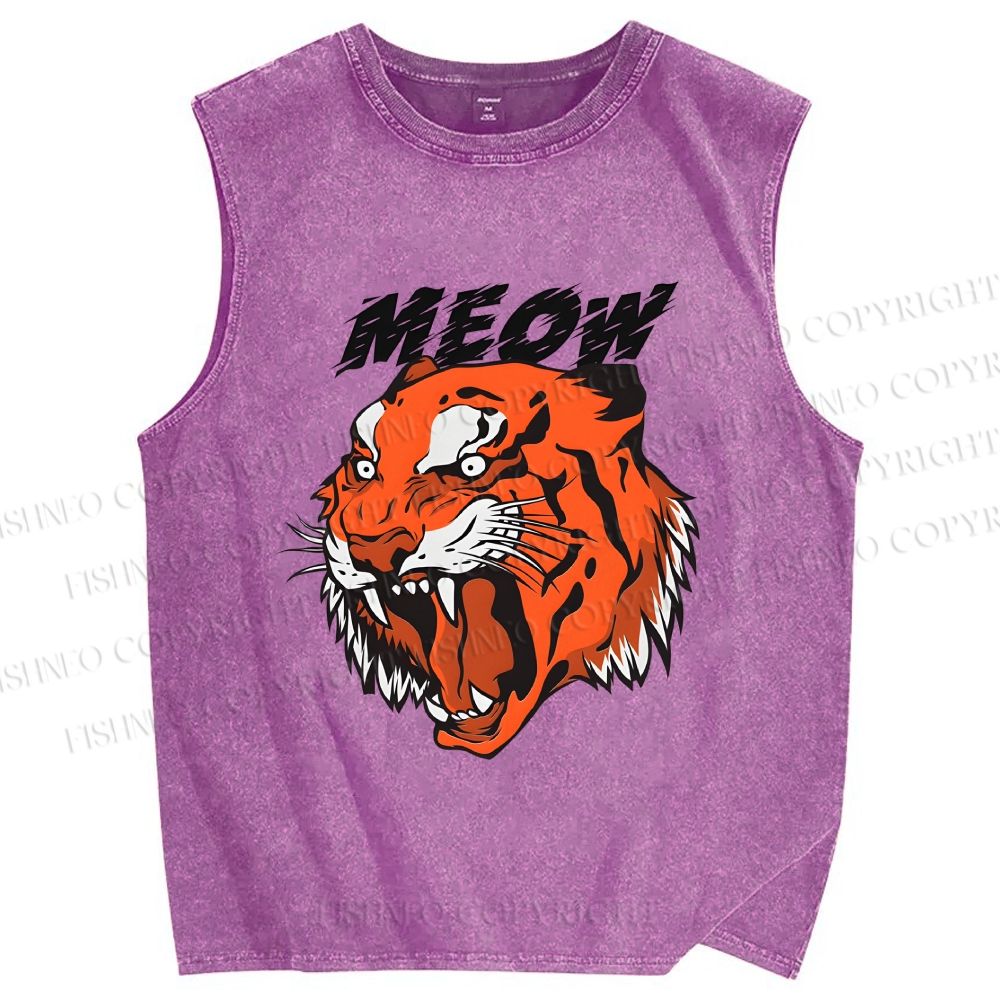 Unisex Meow Tiger Printed Washed Tank Top