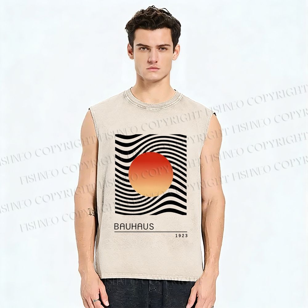 Unisex Bauhaus Waves Sunrise Printed Washed Tank Top