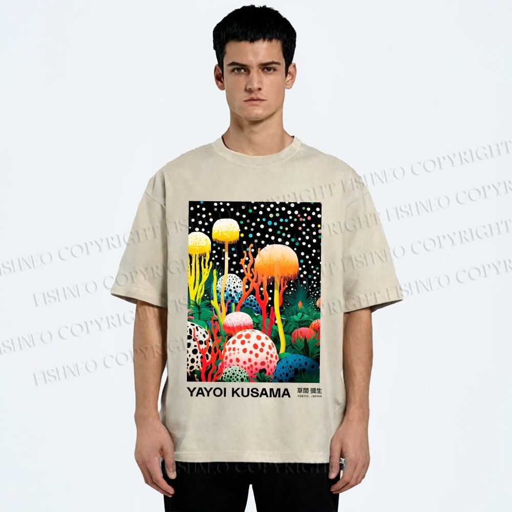 Unisex Yayoi Kusama Polka-Dot Mushroom Printed Washed Tee