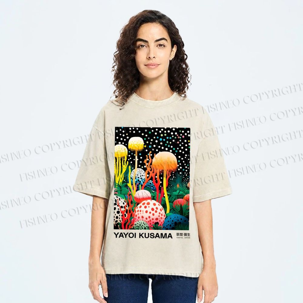 Unisex Yayoi Kusama Polka-Dot Mushroom Printed Washed Tee