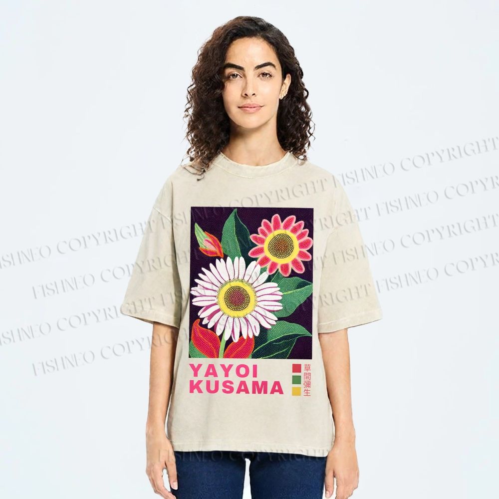 Unisex Yayoi Kusama Flower Printed Washed Tee