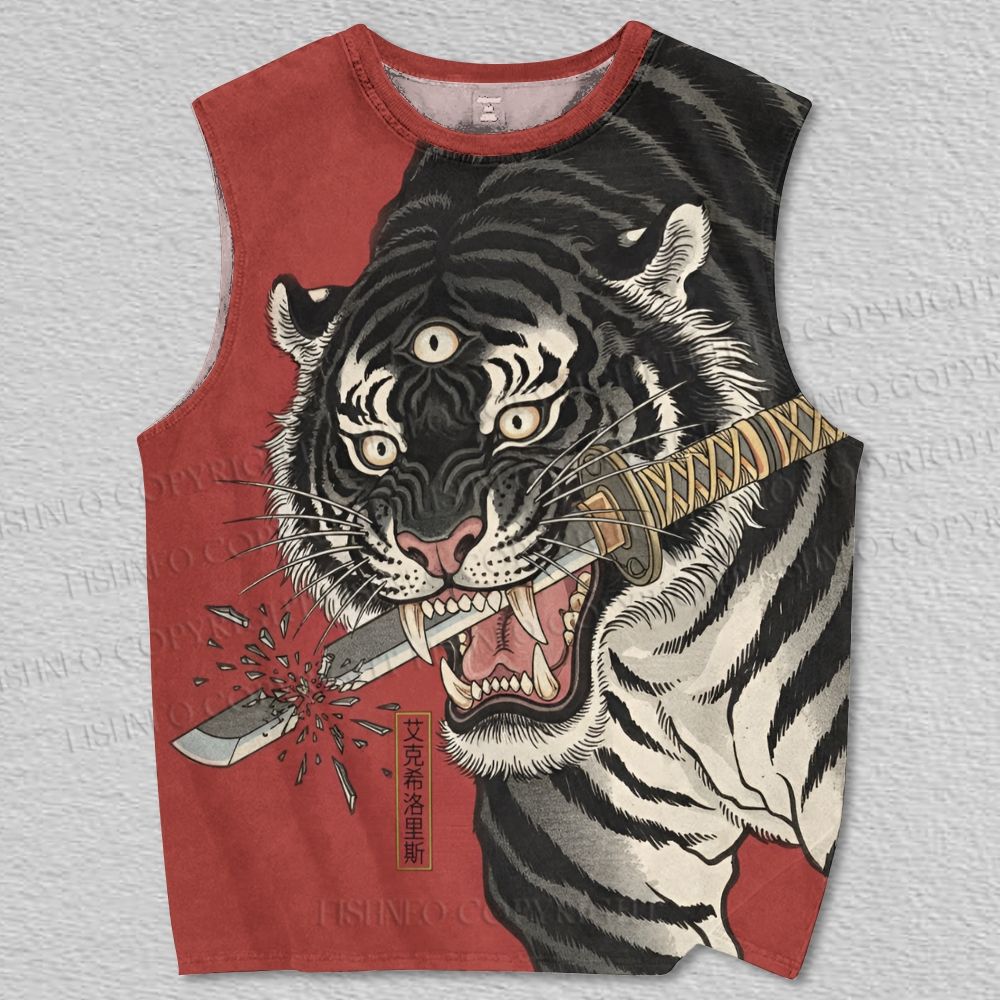 Unisex Vintage Ukiyo-e Three Eyes Tiger Printed Tank Top