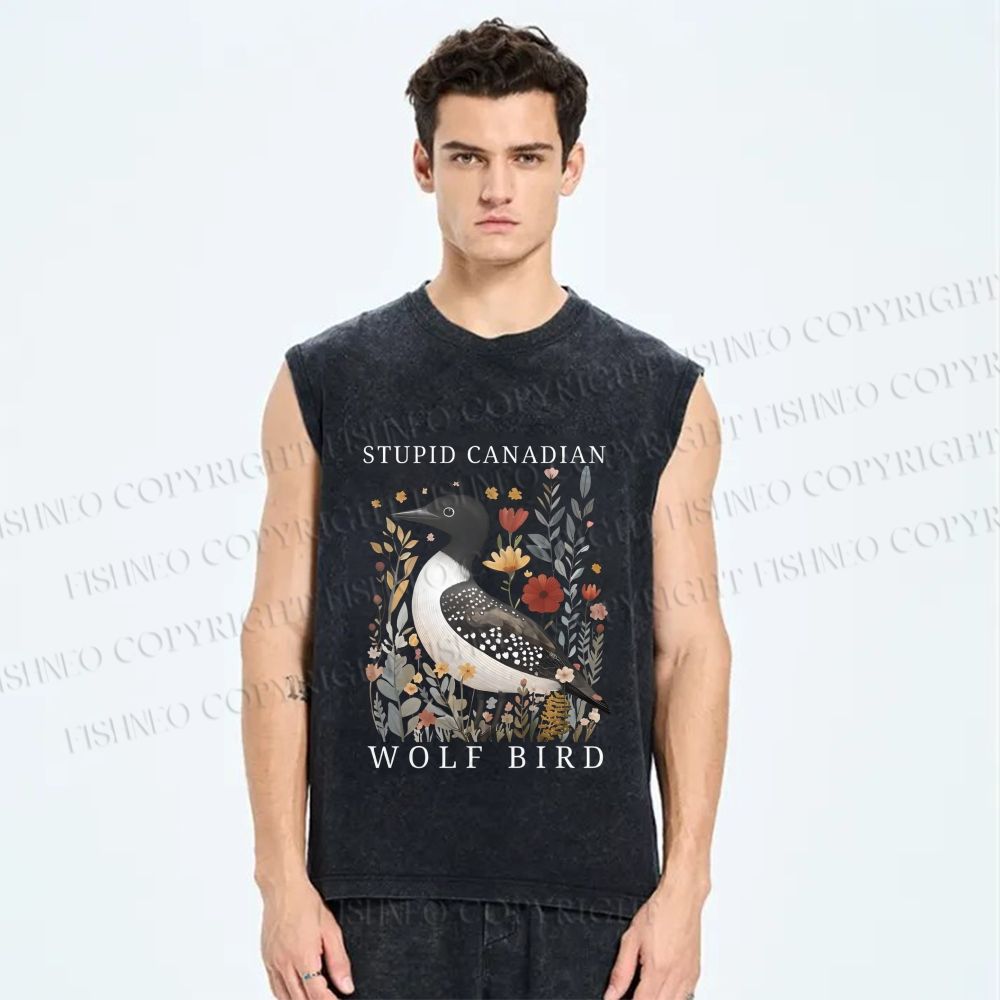 Unisex Stupid Canadian Wolf Bird Printed Washed Tank Top