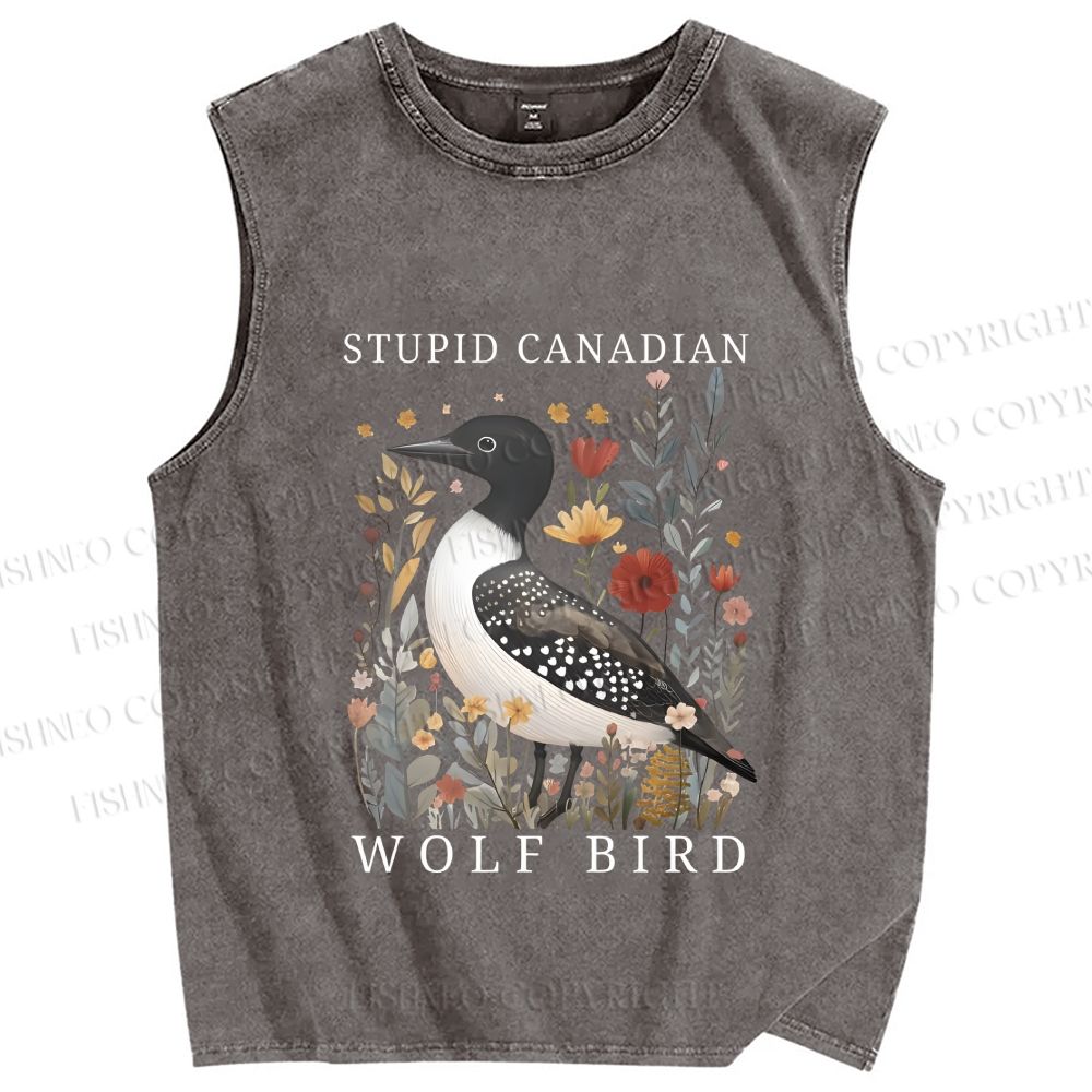 Unisex Stupid Canadian Wolf Bird Printed Washed Tank Top