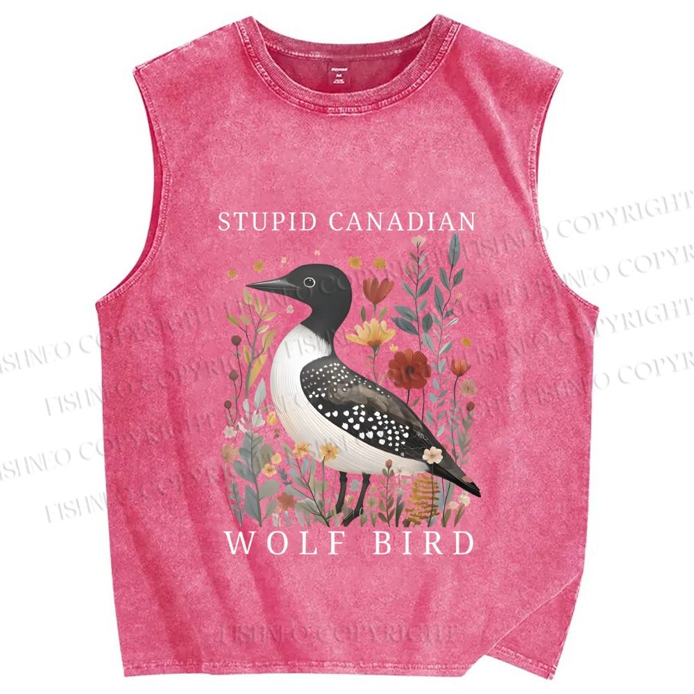 Unisex Stupid Canadian Wolf Bird Printed Washed Tank Top
