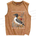 Unisex Stupid Canadian Wolf Bird Printed Washed Tank Top