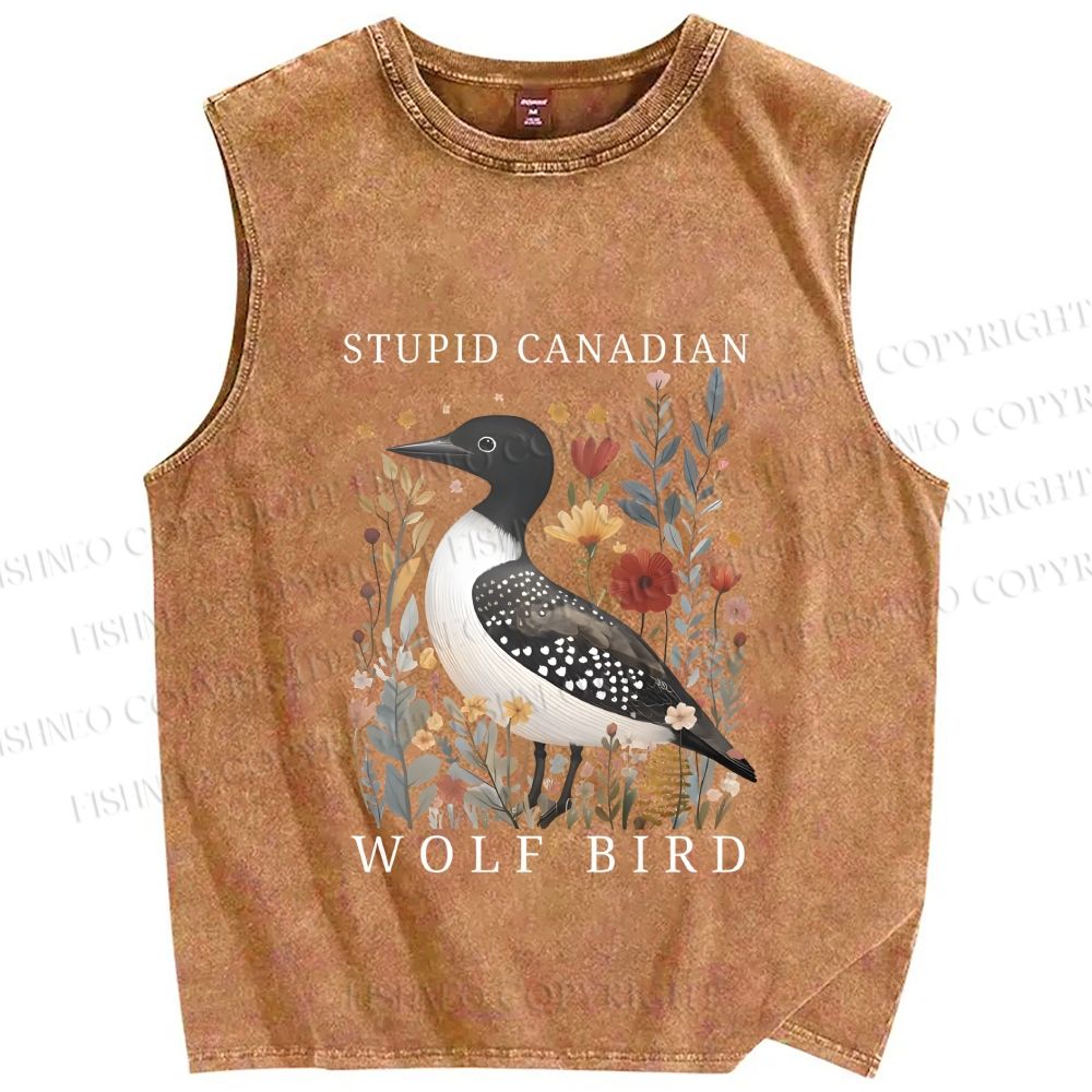 Unisex Stupid Canadian Wolf Bird Printed Washed Tank Top