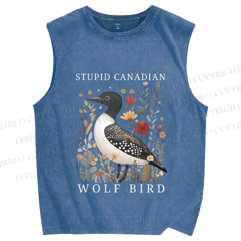 Unisex Stupid Canadian Wolf Bird Printed Washed Tank Top