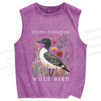 Unisex Stupid Canadian Wolf Bird Printed Washed Tank Top