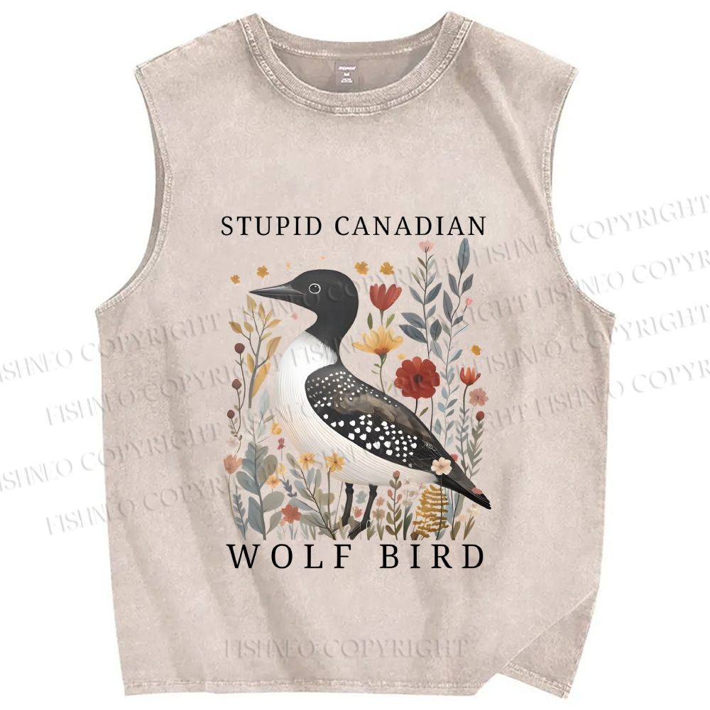 Unisex Stupid Canadian Wolf Bird Printed Washed Tank Top