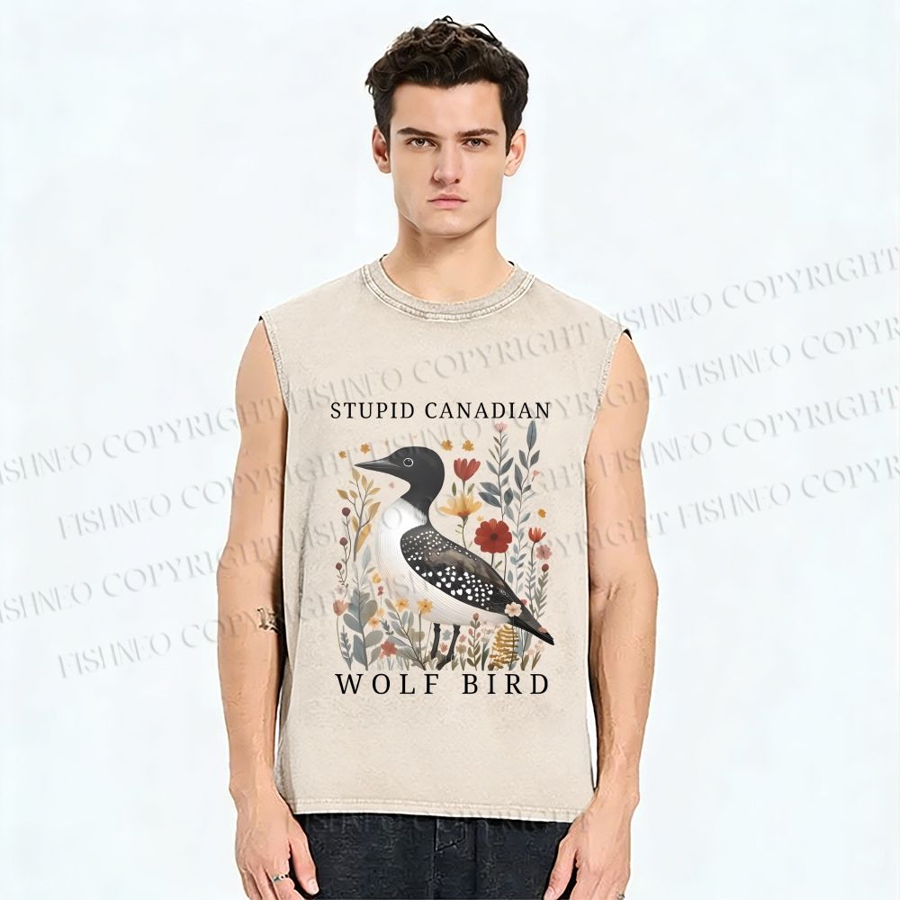Unisex Stupid Canadian Wolf Bird Printed Washed Tank Top