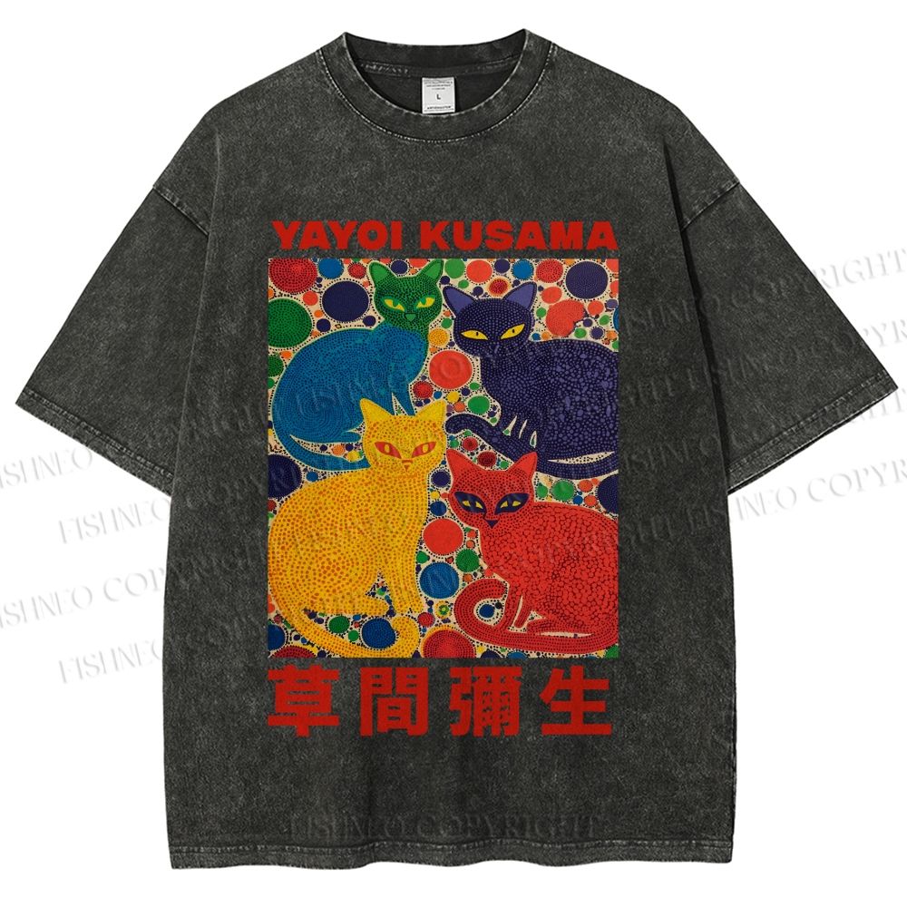 Unisex Yayoi Kusama Cats With Dots Printed Washed Tee