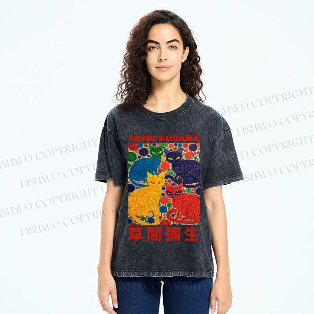 Unisex Yayoi Kusama Cats With Dots Printed Washed Tee