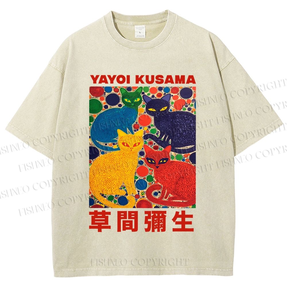 Unisex Yayoi Kusama Cats With Dots Printed Washed Tee