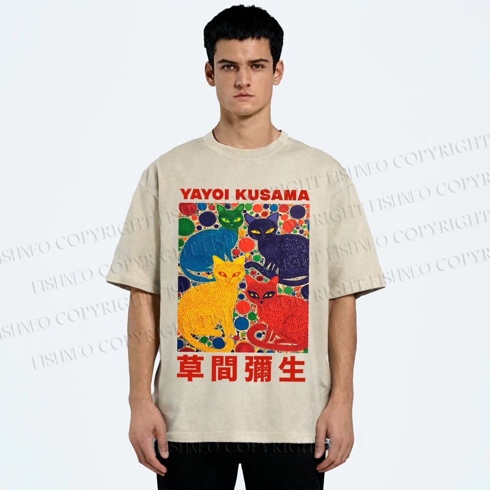 Unisex Yayoi Kusama Cats With Dots Printed Washed Tee