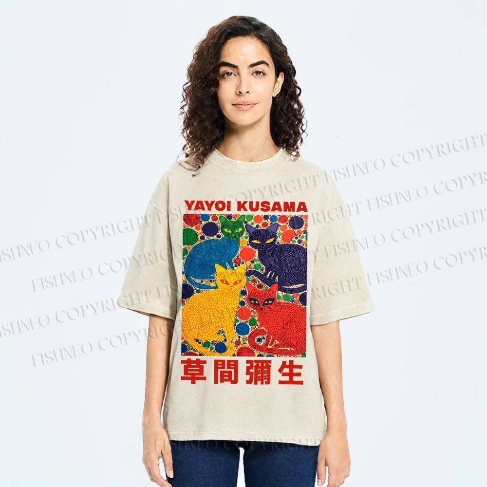 Unisex Yayoi Kusama Cats With Dots Printed Washed Tee