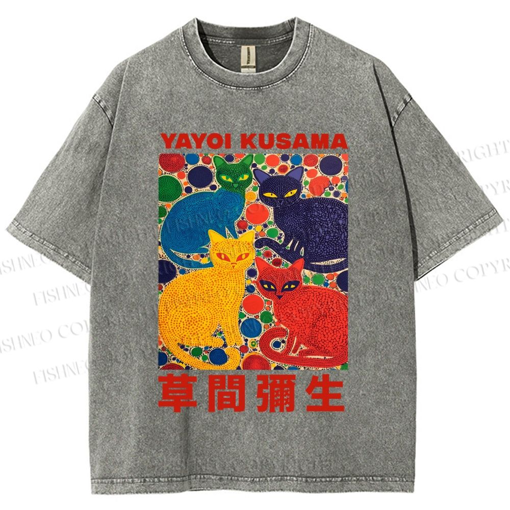 Unisex Yayoi Kusama Cats With Dots Printed Washed Tee