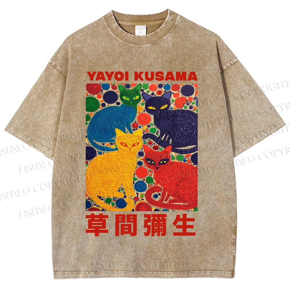 Unisex Yayoi Kusama Cats With Dots Printed Washed Tee