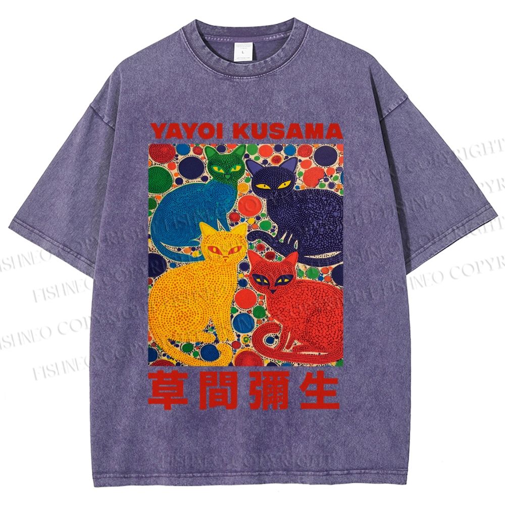 Unisex Yayoi Kusama Cats With Dots Printed Washed Tee