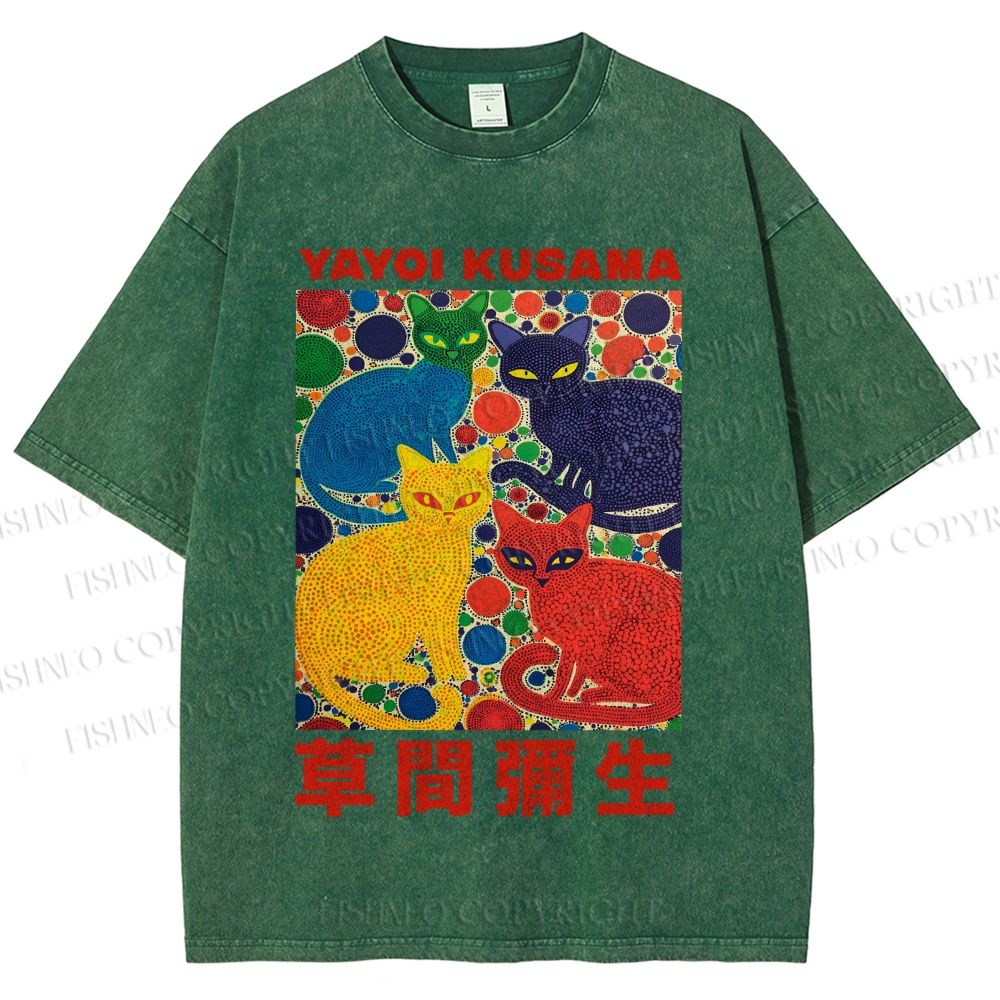 Unisex Yayoi Kusama Cats With Dots Printed Washed Tee