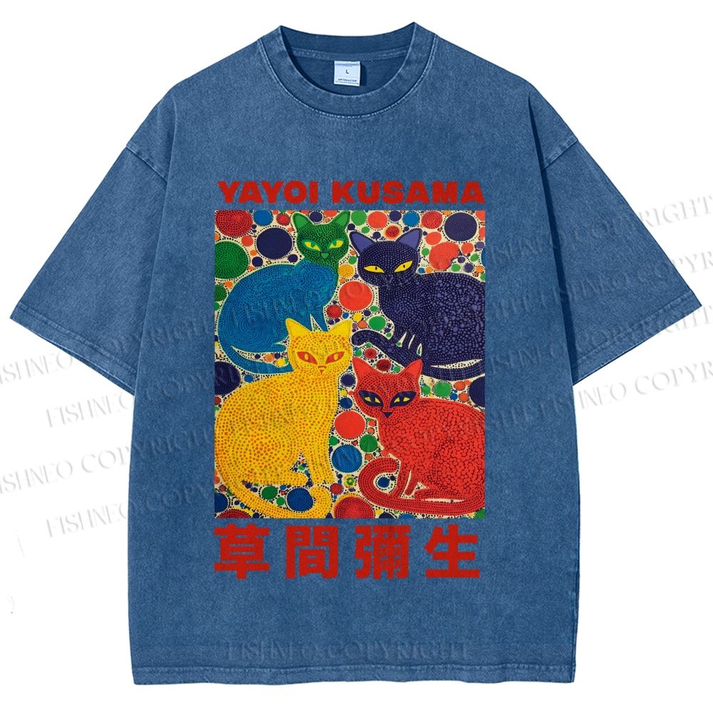 Unisex Yayoi Kusama Cats With Dots Printed Washed Tee