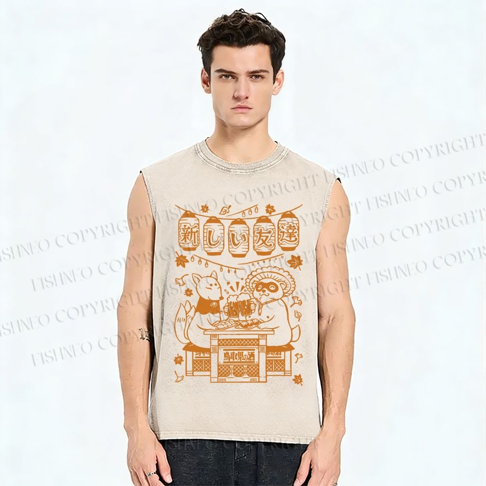 Unisex Japanese Raccoon Printed Washed Tank Top