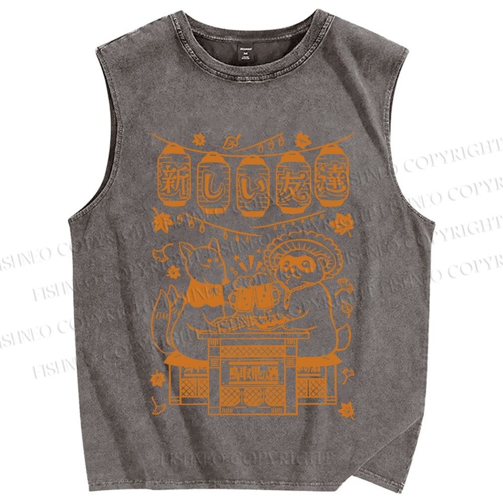 Unisex Japanese Raccoon Printed Washed Tank Top