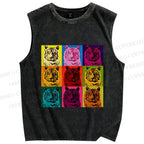 Unisex Pop Art Tigers Printed Washed Tank Top
