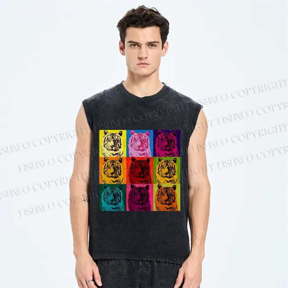 Unisex Pop Art Tigers Printed Washed Tank Top