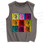 Unisex Pop Art Tigers Printed Washed Tank Top