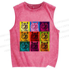 Unisex Pop Art Tigers Printed Washed Tank Top