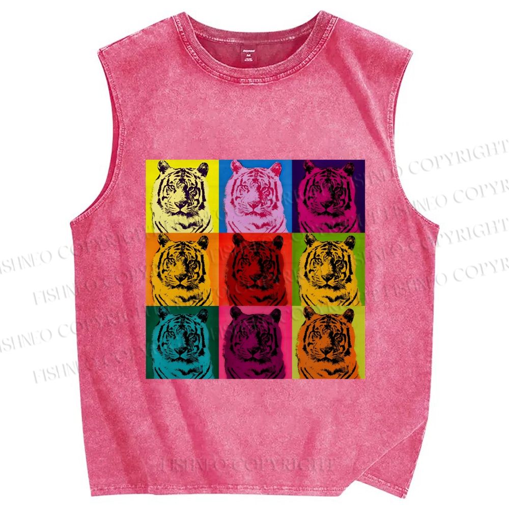 Unisex Pop Art Tigers Printed Washed Tank Top
