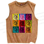 Unisex Pop Art Tigers Printed Washed Tank Top