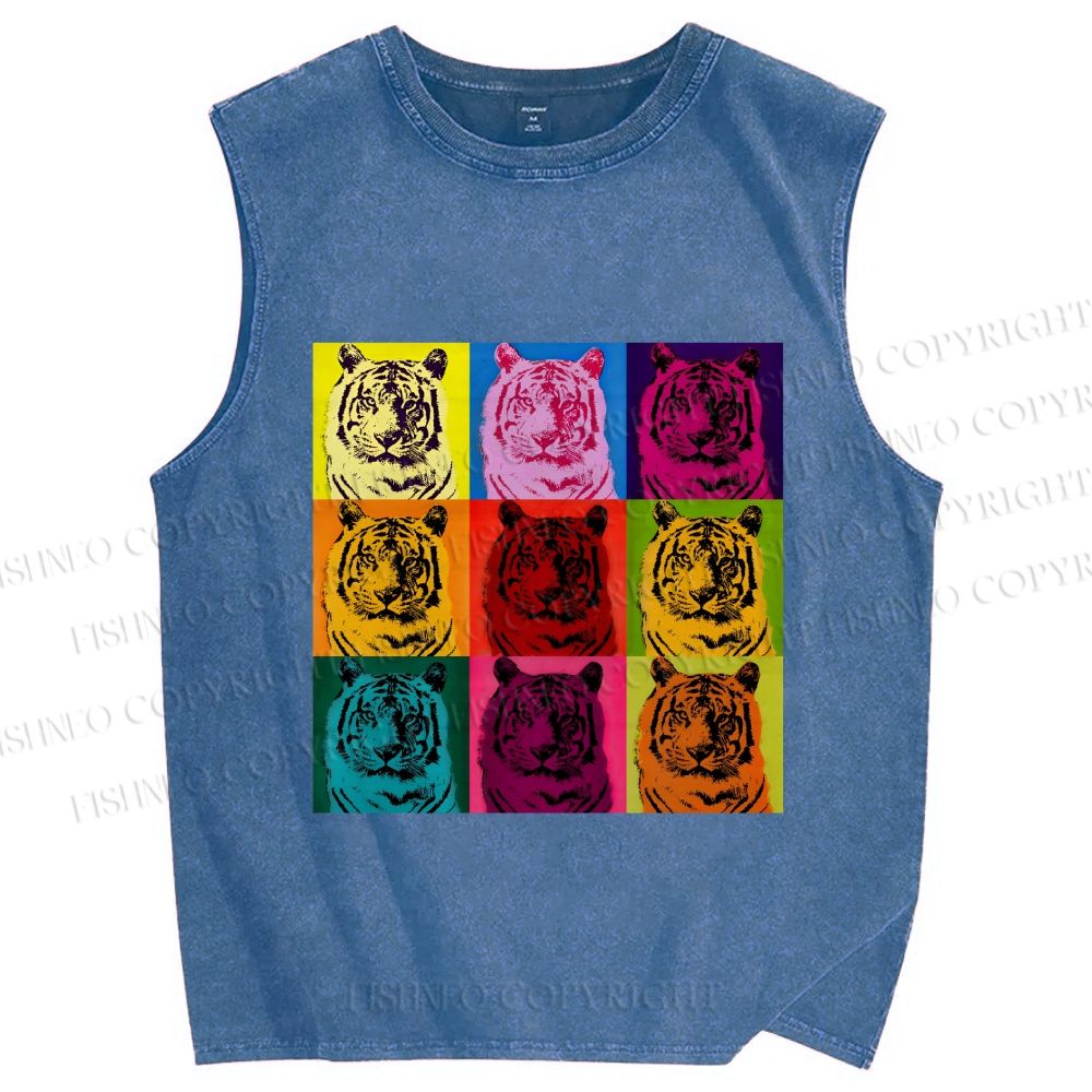 Unisex Pop Art Tigers Printed Washed Tank Top
