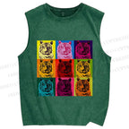 Unisex Pop Art Tigers Printed Washed Tank Top