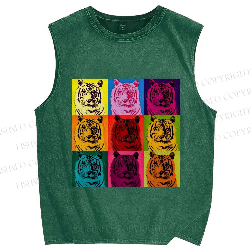 Unisex Pop Art Tigers Printed Washed Tank Top