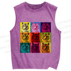 Unisex Pop Art Tigers Printed Washed Tank Top