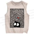 Unisex Black Cat Graffiti Printed Washed Tank Top