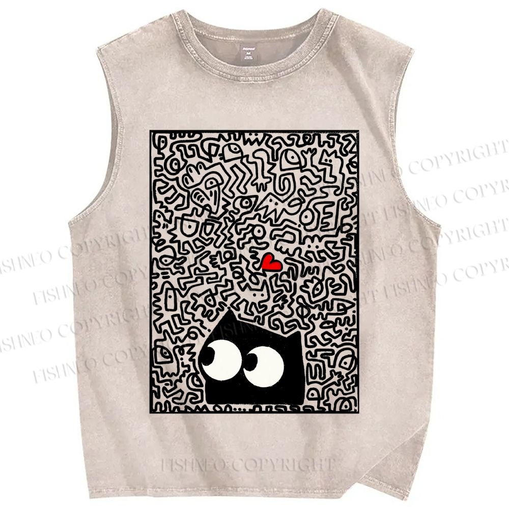 Unisex Black Cat Graffiti Printed Washed Tank Top