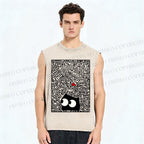 Unisex Black Cat Graffiti Printed Washed Tank Top