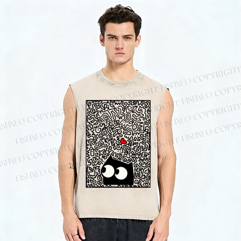 Unisex Black Cat Graffiti Printed Washed Tank Top
