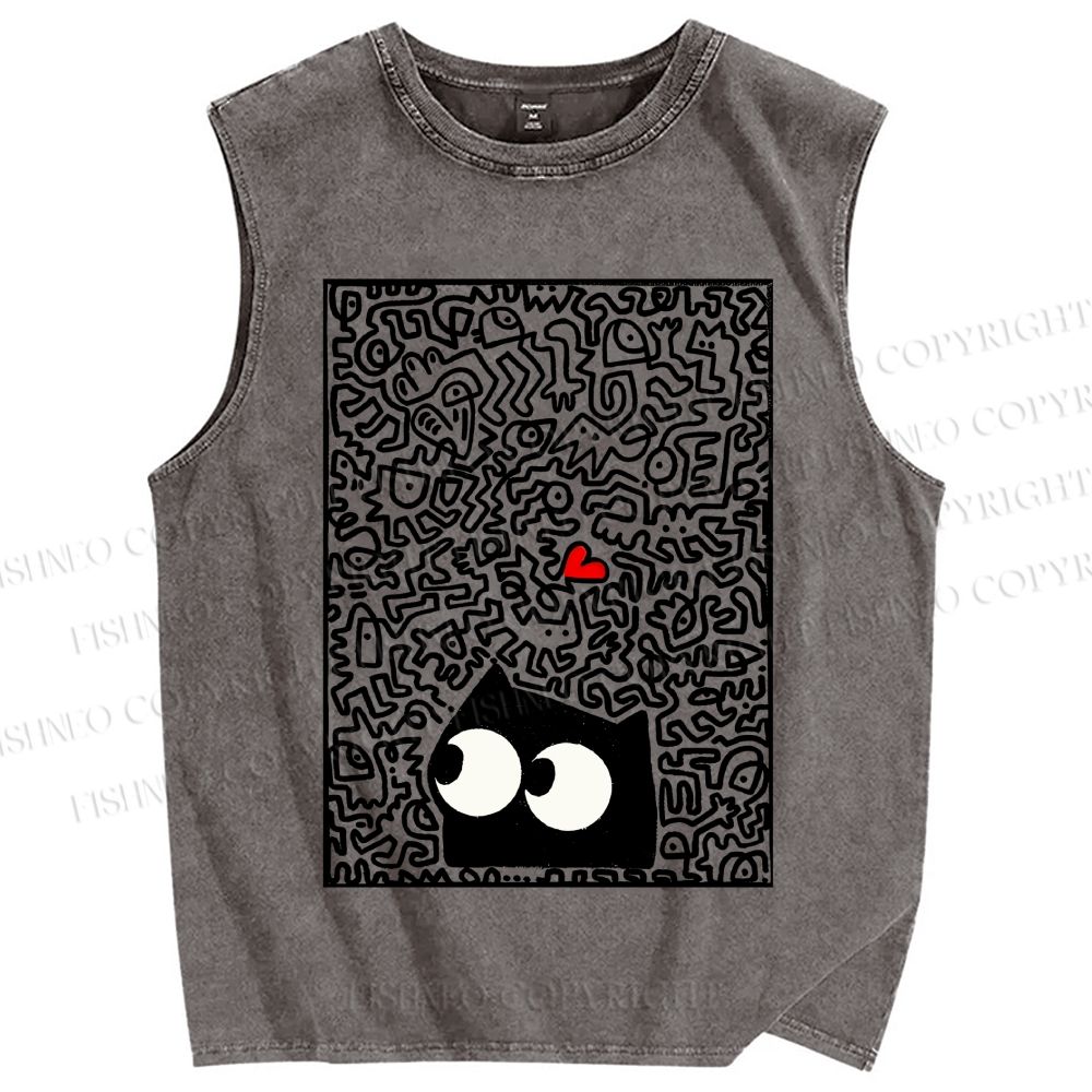 Unisex Black Cat Graffiti Printed Washed Tank Top