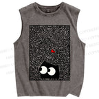 Unisex Black Cat Graffiti Printed Washed Tank Top