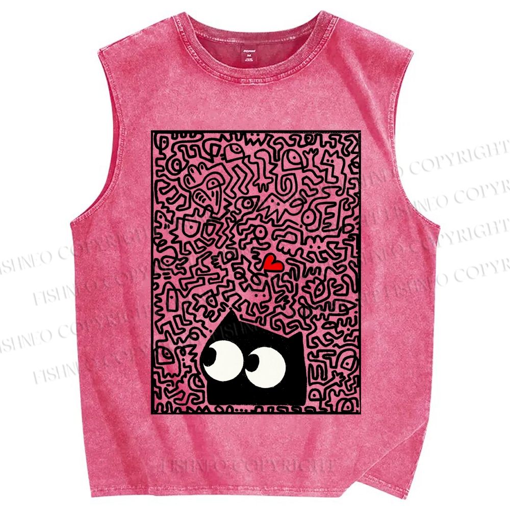 Unisex Black Cat Graffiti Printed Washed Tank Top