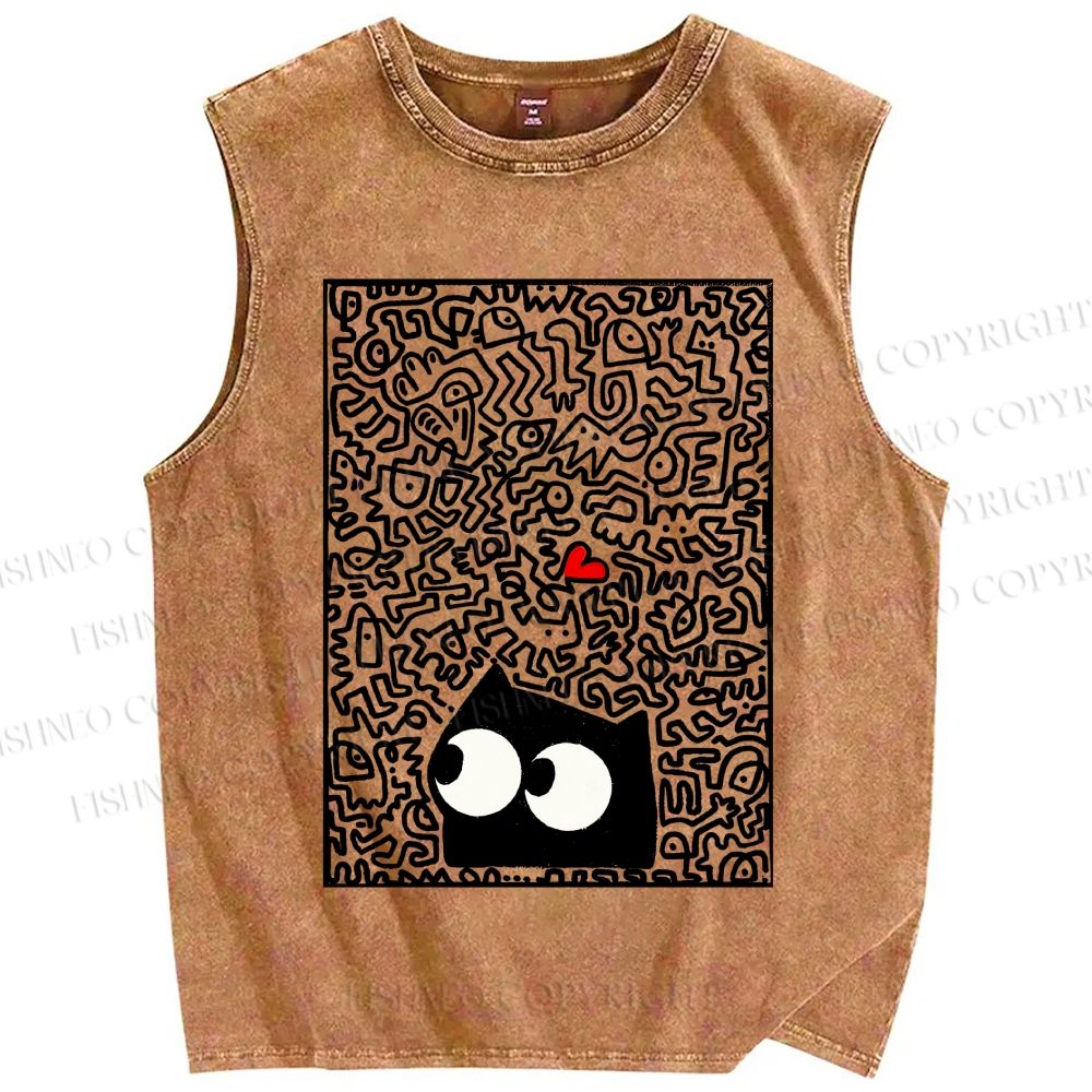Unisex Black Cat Graffiti Printed Washed Tank Top