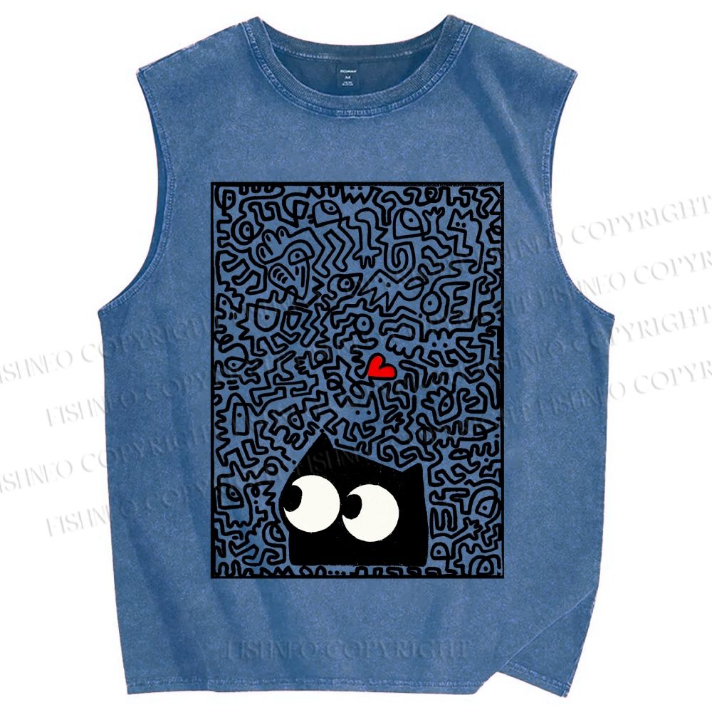 Unisex Black Cat Graffiti Printed Washed Tank Top