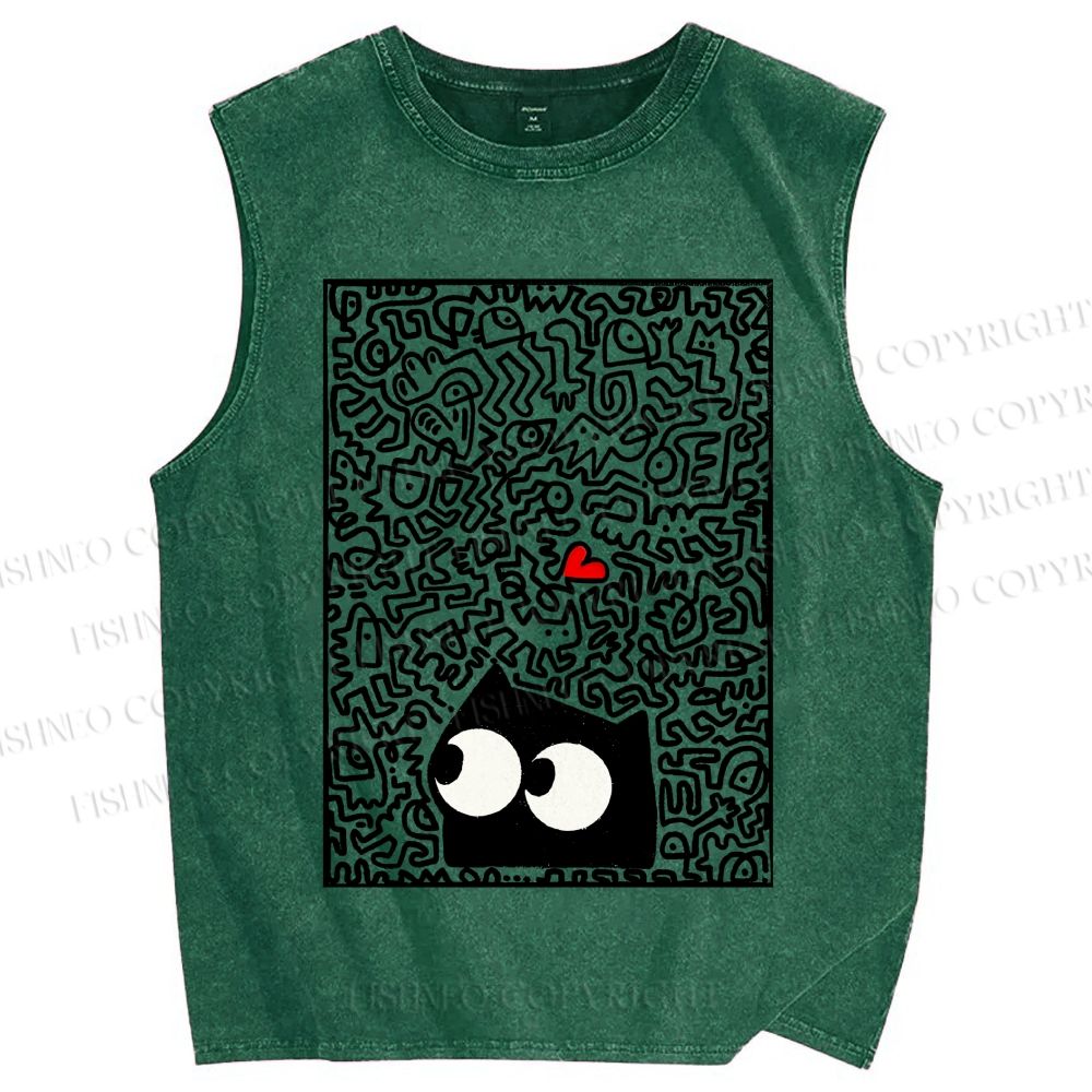 Unisex Black Cat Graffiti Printed Washed Tank Top