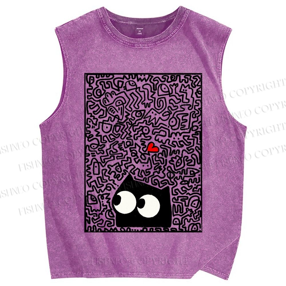 Unisex Black Cat Graffiti Printed Washed Tank Top